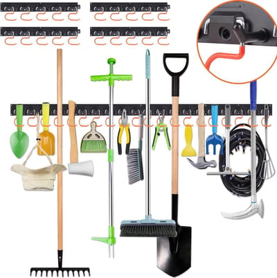 Famanu – Tuingereedschap organizer 64 inch – Groot opbergsysteem met 4 rails, schaalbare oplossing voor schuur of garage – Voor bezems, harken, dweilen en scheppen