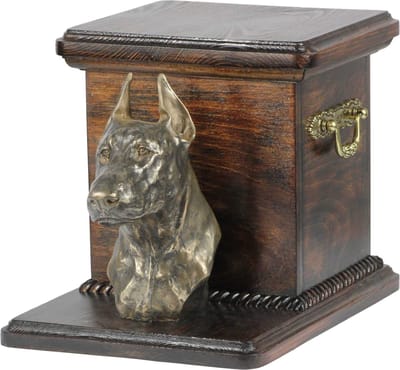 Elegante urn voor hond met beeldje van Dobermann
