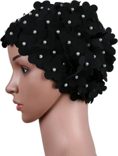 Winkrs | Zwarte Bloemetjes Badmuts | Douche accessoire, haarbedekking, douchecap, zwemmen