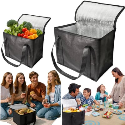 Geïsoleerde tas - lunchtas - picknicktas - opvouwbare koeltas - waterdicht en geïsoleerd - herbruikbaar - geschikt voor boodschappen doen, reizen, picknicks, barbecues en kamperen (17L - zwart)