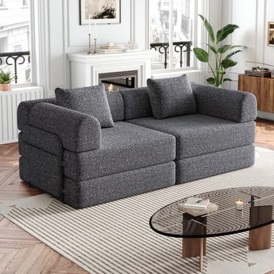 Chenille slaapsofa 2-in-1 met opbergvak in armleuning - modulair combineerbaar tot bed - 2 personen, ca. 150x80x80 cm - diverse kleuren - stevig stalen frame