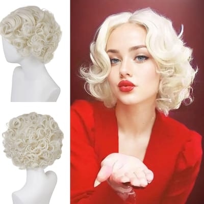Lichtblonde Krullende Pruik voor Vrouwen met Zijvlecht - Vintage Halloween Kostuum, Synthetisch Haar, Feestkleding