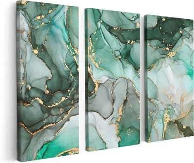 Artaza Canvas Schilderij Drieluik Abstracte Kunst - Blauwe Marmer met Goud - 120x80 cm - Wanddecoratie Woonkamer - Schilderijen - Muurdecoratie