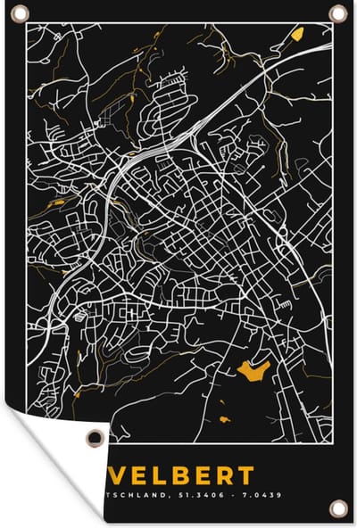 Muurdecoratie Plattegrond – Velbert – Goud – Stadskaart – Kaart - Duitsland - 120x180 cm - Tuinposter - Tuindoek