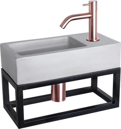 Differnz Ravo fonteinset - 38.5x18.5x25cm - Rechthoek - 1 kraangat - Gebogen rose koperen kraan - met zwart frame - beton lichtgrijs