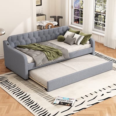 STILVORA Slaapbank 90x200 cm – Uitklapbaar bed met rollend ondersbed en steunpoten – Met USB-poort – Geschikt voor gasten – Linnen/MDF – Grijs – Zonder matras