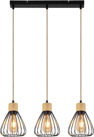 Glitzerlife - Hanglampen - Vintage industriële pendellamp - 3xE27 - verstelbare hoogte - metalen kooi met hout en henneptouw - Ø45cm - zwart - hanglamp eetkamer woonkamer