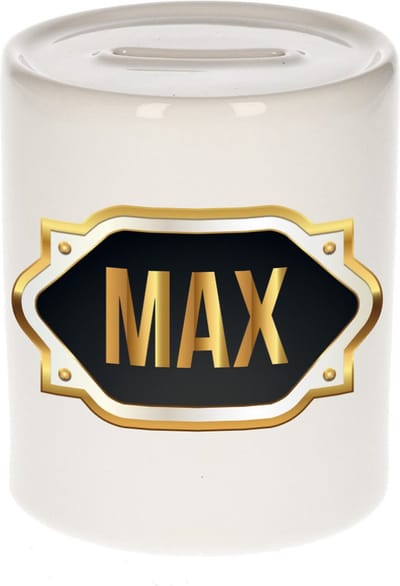 Spaarpot met voornaam Max - wit - met goud/zwart embleem - 8 x 9 cm - keramiek - met afsluitdop - cadeau verjaardag