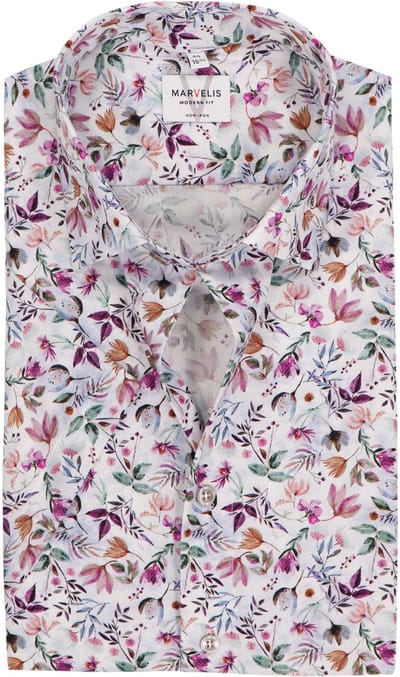 MARVELIS modern fit overhemd - korte mouw - popeline - wit met roze - groen en blauw bloemen dessin - Strijkvrij - Boordmaat: 39 (EU maat: M)