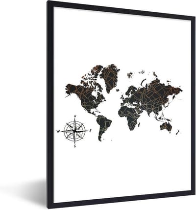 Poster in lijst - Fotolijst 60x80 cm - Posters - Wereldkaart - Zwart - Abstract - Posterlijst zwart - Decoratie - Wanddecoratie woonkamer - Muurdecoratie slaapkamer