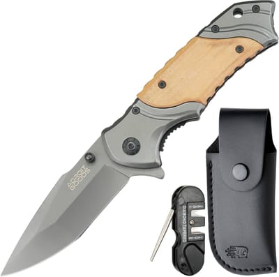 AdroitGoods RVS zakmes met sandelhouten handgreep – incl. hoes en slijptool - Premium opvouwbaar houten-handgreep outdoor-mes – 20 cm - Voor kamperen, wandelen, dagelijks gebruik