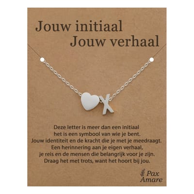 Letter X ketting op Cadeau Kaartje - Jouw initiaal, jouw verhaal - 45cm Zilverkleurig Stainless Steel - Initiaal & Hartje Hanger - Pax Amare