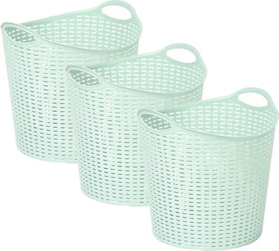 Plasticforte Gevlochten wasmand/opbergmand - 3x - flexibel - lichtgroen - 27 liter - rond - kunststof - 40 x 37 cm