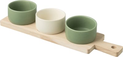 J-Line tapasplank 3 kommen + bambouschaal In Doos - keramiek/hout - wit/groen