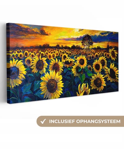 Canvas schilderij - Zonnebloemen veld 40x20 - Kamer decoratie accessoires kleurrijk - Kunst schilderijen woonkamer - Wanddecoratie slaapkamer - Muurdecoratie keuken - Wanddoek interieur binnen - Woondecoratie huis - Woonaccessoires