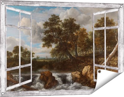 Gards Tuinposter Doorkijk Landschap met Waterval - Jacob van Ruisdael - 90x60 cm - Tuindoek - Tuindecoratie - Wanddecoratie buiten - Tuinschilderij