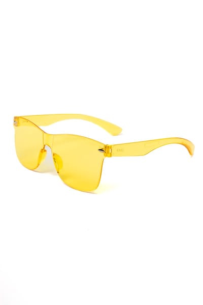 KIMU® Zonnebril Way Farer - Zonder Montuur - Gele Glazen - Dames Heren Retro Kunststof Vintage Designer Montuurloos Geel Festival