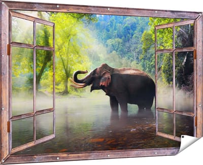 Gards Tuinposter Doorkijk Olifant in het Water - 180x120 cm - Tuindoek - Tuindecoratie - Wanddecoratie buiten - Tuinschilderij