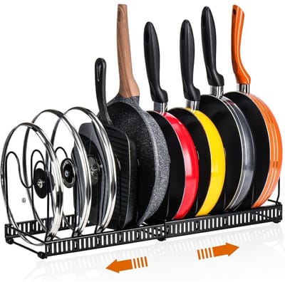 GELLDG Uitschuifbare pannen- en dekselorganizer - Uitrekbaar pannen- en dekselrek met 10 verstelbare scheidingsplaten - U-vormige gleuven voor deksels - Verstelbare breedte 31-57x18x18,5 cm - Geschikt voor pannen en deksels - Metaal