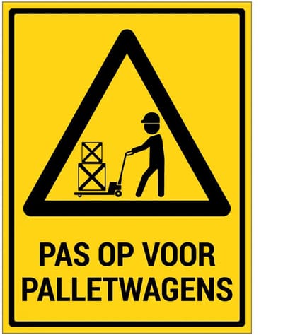 Pas op voor palletwagens sticker met tekst | 20 x 15 cm