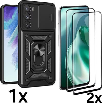 Casemania Hoesje Geschikt voor Oppo Reno 12 Pro - Zwart & 2x Glazen Screenprotector - Anti-Shock Hybrid Armor Back Cover - Hoes met Kickstand Ring en Camera Bescherming