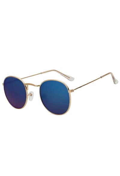 KIMU® Ronde Zonnebril Round Metal - Goud Montuur Rond - Blauwe Spiegelglazen - Retro Blauw Gouden Vintage Brilletje Festival