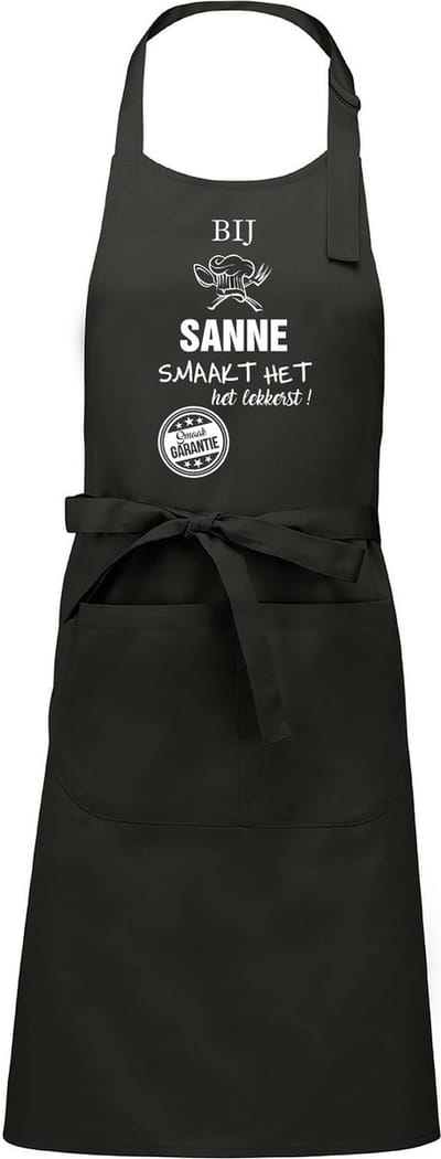 Naamcadeau - Naamschort - Keukenschort met naam - BBQ schort - verjaardag - Moederdag - Het smaakt het lekkerst bij: Meisjes NAAM naar keuze - chique grijs