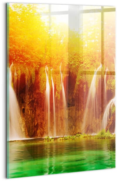 Wallfluent Glasschilderij - Schilderachtig uitzicht op de waterval Foto Schilderij Op Glas - 20x30 cm - Oranje Verticale Muurschildering - Landschap Glas Schilderij - Schilderij Glas - Schilderij Op Glas