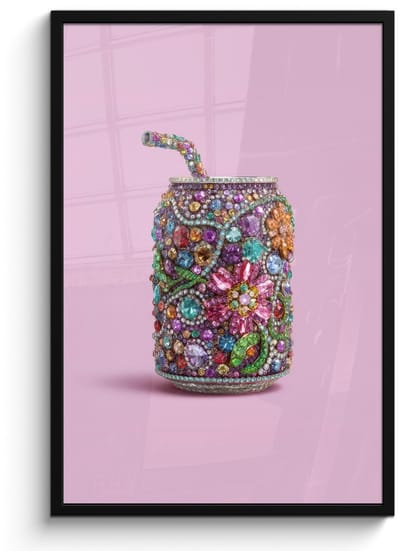 Poster in lijst - Fotolijst 60x90 cm - Posters - Frisdrankblikje - Bloemenpatroon - Edelstenen - Kleurrijk - Posterlijst zwart - Decoratie - Wanddecoratie woonkamer - Muurdecoratie slaapkamer