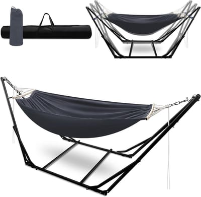 Hangmat met frame - Inklapbare relaxplek - Buiten ontspannen - Drievoudig verstelbaar - Tot 255cm lengte - Donkergrijs