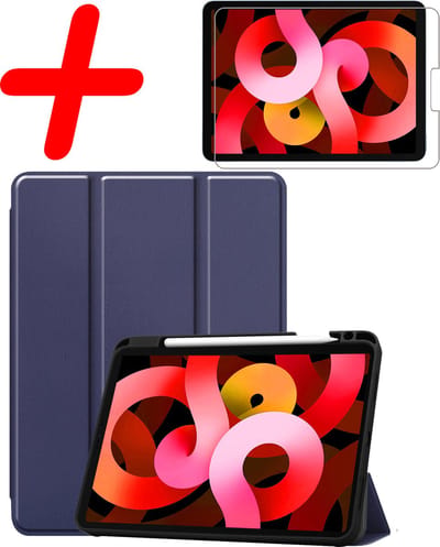 Hoesje Geschikt voor Apple iPad Air 5 (2022) - 10.9 inch - 5e Generatie - M1 - Met Screenprotector - Trifold Bookcase - Hard Cover Case - Met Uitsparing Geschikt voor Apple Pencil - Hardcover Book - Tablet Hoes - Donkerblauw
