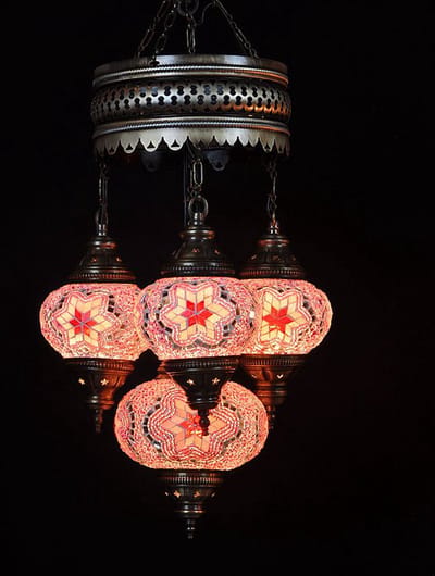 Turkse hanglamp mozaïek glas roze - 4 bollen - hoogte 80 cm - handgemaakt en uniek