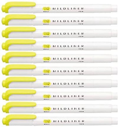 Zebra Mildliner Double-Sided Highlighter - Fine / Bold – Mild Lemon Yellow Set van 10 + een Luxe Zipperbag - WKT7-MLY
