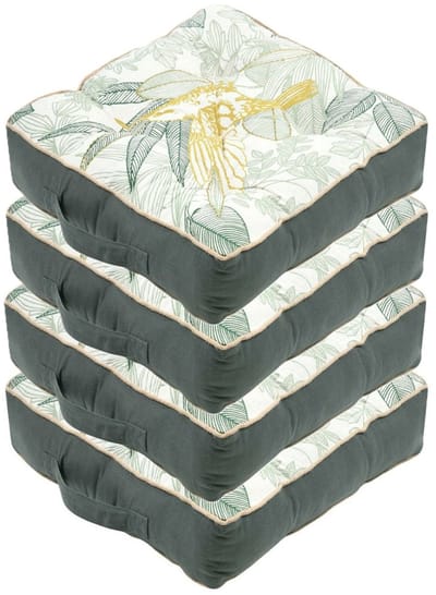 Stof Textile Vloerkussen Leaves - 4x - groen/wit - katoen - 45 x 45 x 10 cm - vierkant - Extra dik - extra zitplaatsen - spelen - gamen - relaxen