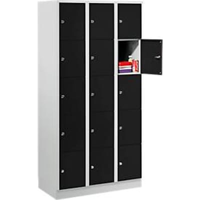 Vakkenkast 300 mm, 3 compartimenten, 15 vakken, veiligheidscilinderslot, sokkel, diepzwart