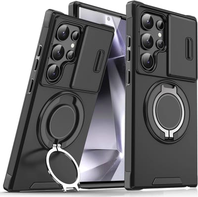 Armor Tough [360° draaibare ringstandaard] [compatibel met Magsafe] Hoesje Geschikt voor: Samsung Galaxy S25 Ultra - Ingebouwde dia camera cover - Hybrid - Zwart