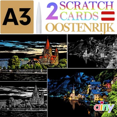Ainy - Scratch Art Oostenrijk - Hallstatt (A3) | 2 krastekeningen inclusief kraspen | Kras tekeningen | Schilderen op kleuren kunst kraskaart | hobby & creatief voor volwassenen en kinderen | Knutselen - ontspanningspakket