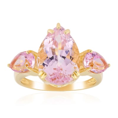 Cavill - Handgemaakte Zilveren Ring - 925 Sterling Zilver Verguld - Peervormige Roze Kunziet 7,12 ct & 2 Kleine Edelstenen - Luxe Elegante Damesring
