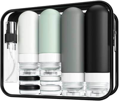 Tamarow Luxe Siliconen Reisflesjes Set – 16 Delig – Lekvrij & BPA-Vrij – Navulbare Reisflacons voor Handbagage – Zwart Grijs