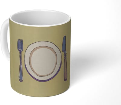 Mok - Koffiemok - Illustratie - Bord - Bestek - Beige - Mokken - 350 ML - Beker - Koffiemokken - Theemok