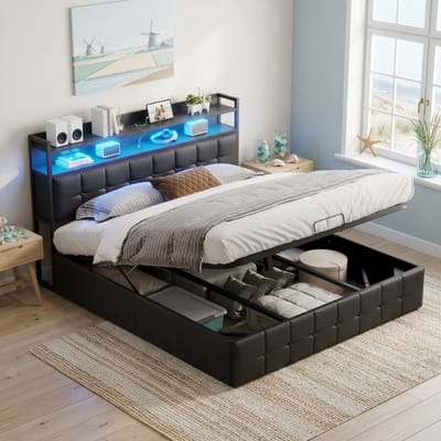 Gestoffeerd Bed 140x200 cm met LED en USB,Tweepersoonsbed met Lattenbodem en Hydraulische Hendel,Opbergbed, Boxspringbed bedframe,PU,Zwart,Zonder Matras