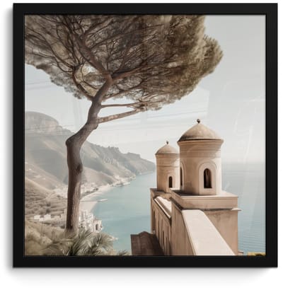 Poster in lijst - Fotolijst 40x40 cm - Posters - Kust - Klif - Boom - Gebouw - Posterlijst zwart - Decoratie - Wanddecoratie woonkamer - Muurdecoratie slaapkamer