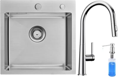 Auralum max Spoelbak RVS 45x45 cm - Spoelbakken Keuken Met C-uitloop Keukenkraan en Zeepdispenser 300ML - Wasbak Keuken Met Waterafvoersysteem - RVS