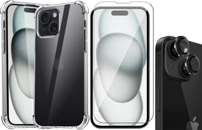 Hoesje geschikt voor iPhone 15 - Screenprotector GlassGuard & Camera Lens Screen Protector Zwart - Back Cover Case ShockGuard Transparant