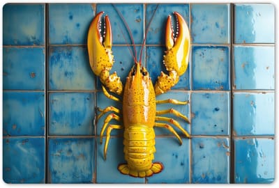 Placemats 45x30 cm - Placemat kunststof - 1 stuk - Kreeft - Geel - Blauw - Tegels - Borden onderleggers - Decoratie voor op tafel - Keuken tafeldecoratie accessoires - Vinyl onderlegger - Tafelversiering