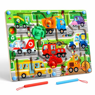 BOTC Magnetisch Doolhof - Magnetisch Kleur- en Nummerdoolhof - Houten Kleurmatch Leer- en Telpuzzelbord - Motorisch Speelgoed voor Peuters en Meisjes van 3-5 jaar - Auto's en Vervoer