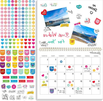 Spiraalgebonden Maandkalender zonder Inhoud, DIY Scrapbook Kalender met 400 Stickers voor Thuis, Kantoor en Kinderen (30 x 22,9 cm Gesloten, 18 x 12 Inch)