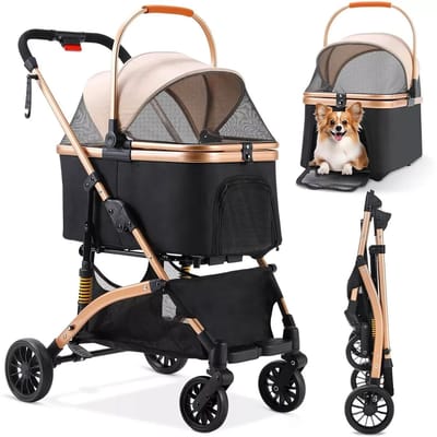 Velmio Luxe Hondenbuggy - Hondenkar - Inklapbaar - 2-in-1 Hondenwagen - Opvouwbare Kattenwagen - Gewichtscapaciteit 30kg - Afneembare mand - Zwart/Rosé