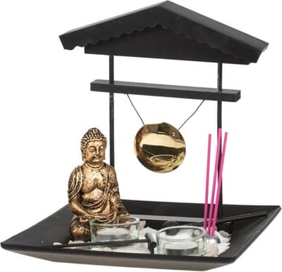 Boeddha zen tuin met waxinelichthouders - voor binnen - goud - 24 x 26 cm