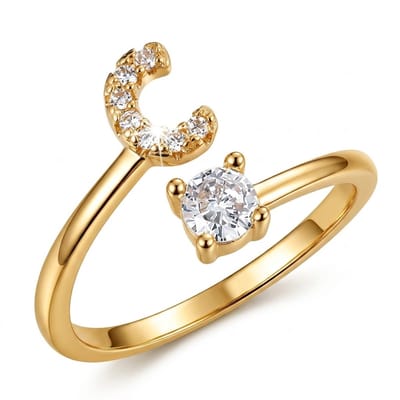 Goudkleurige witkleurige ring dames met initiaal C en ronde steen – open ring verstelbaar letter ring met strass details en zirkonia look